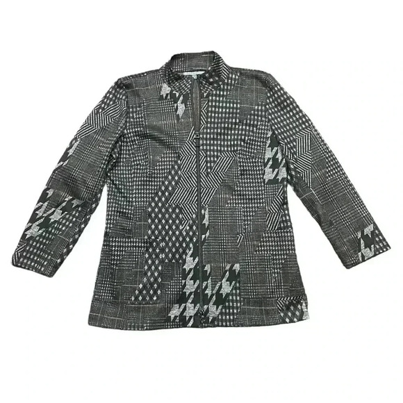 Elliott Lauren Women Black Zip Up Jacket Sz 6 Geometrical Houndstooth Patchwork - Picture 1 of 7